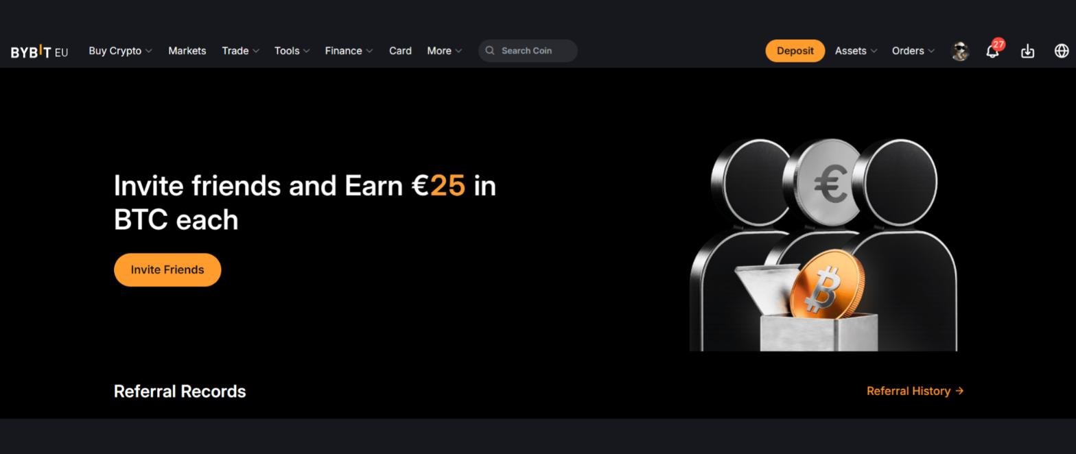 Page officielle du parrainage Bybit EU affichant 25 euros en bitcoin pour le parrain et pour le filleul