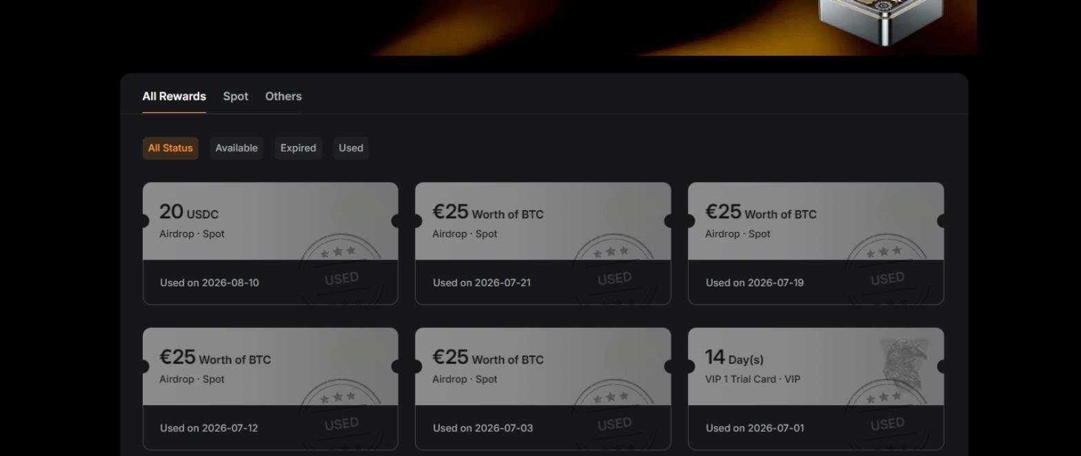 Rewards Hub de Bybit EU montrant des coupons de 25 euros en bitcoin issus du parrainage