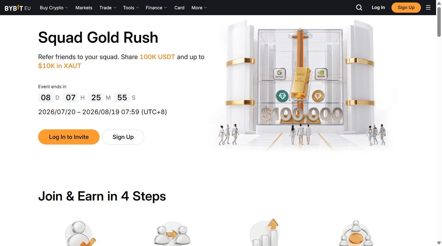 Page officielle de la campagne Squad Gold Rush de Bybit EU avec le compte a rebours et la dotation de 100 000 USDT