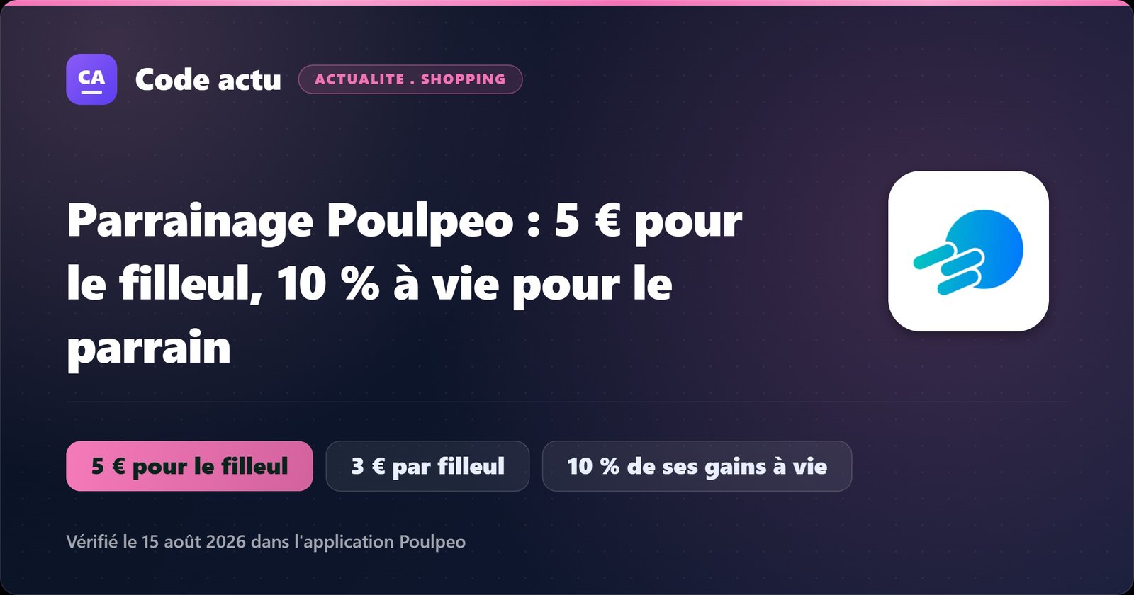 Parrainage Poulpeo en 2026 : 5 euros de bienvenue pour le filleul, 3 euros par filleul et 10 pour cent de ses gains à vie pour le parrain.