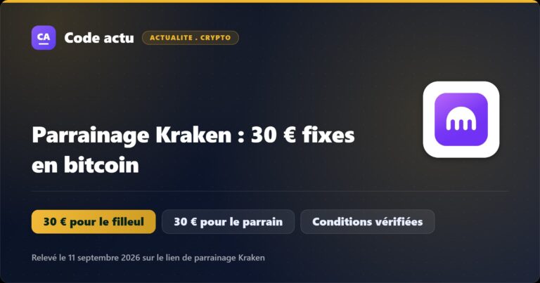 Parrainage Kraken 2026 : 30 € fixes en bitcoin pour le filleul et pour le parrain, logo Kraken sur visuel Code actu
