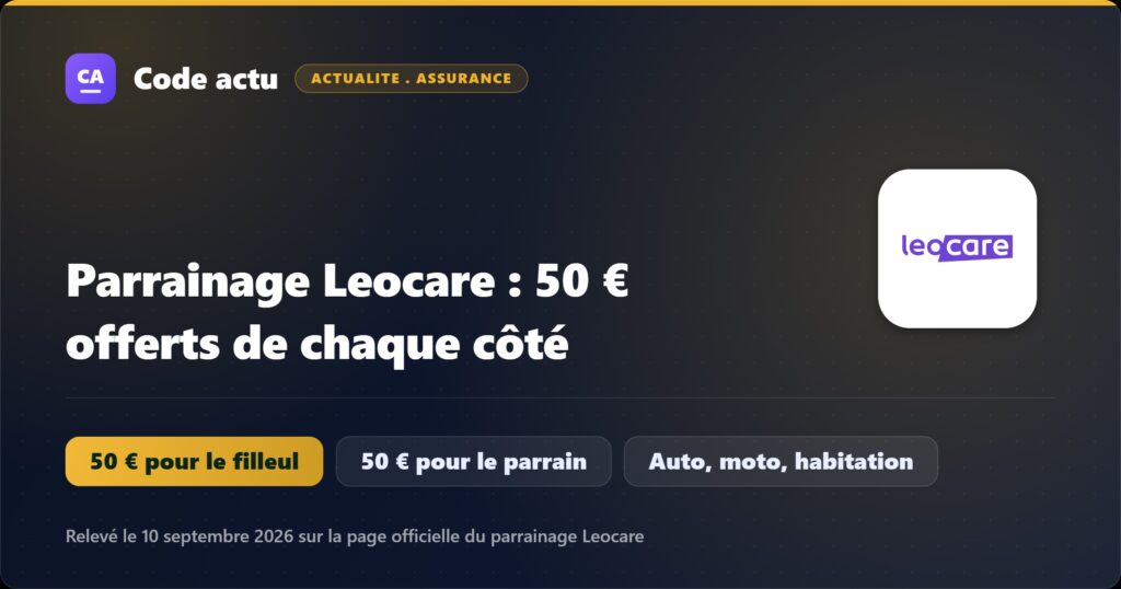 Parrainage Leocare 2026 : 50 € pour le filleul et 50 € pour le parrain, sur un contrat auto, moto ou habitation