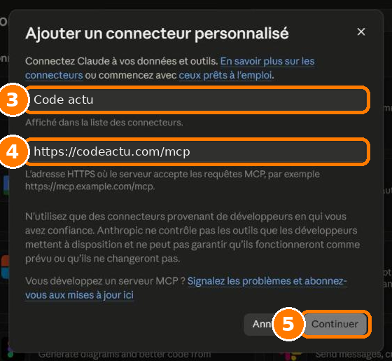 Étapes 3 à 5 : saisir le nom Code actu, l’adresse https://codeactu.com/mcp, puis cliquer sur Continuer