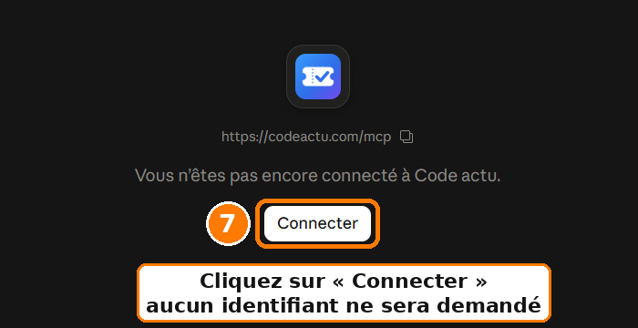 Étape 7 : sur la page du connecteur Code actu, cliquer sur Connecter, aucun identifiant n’est demandé