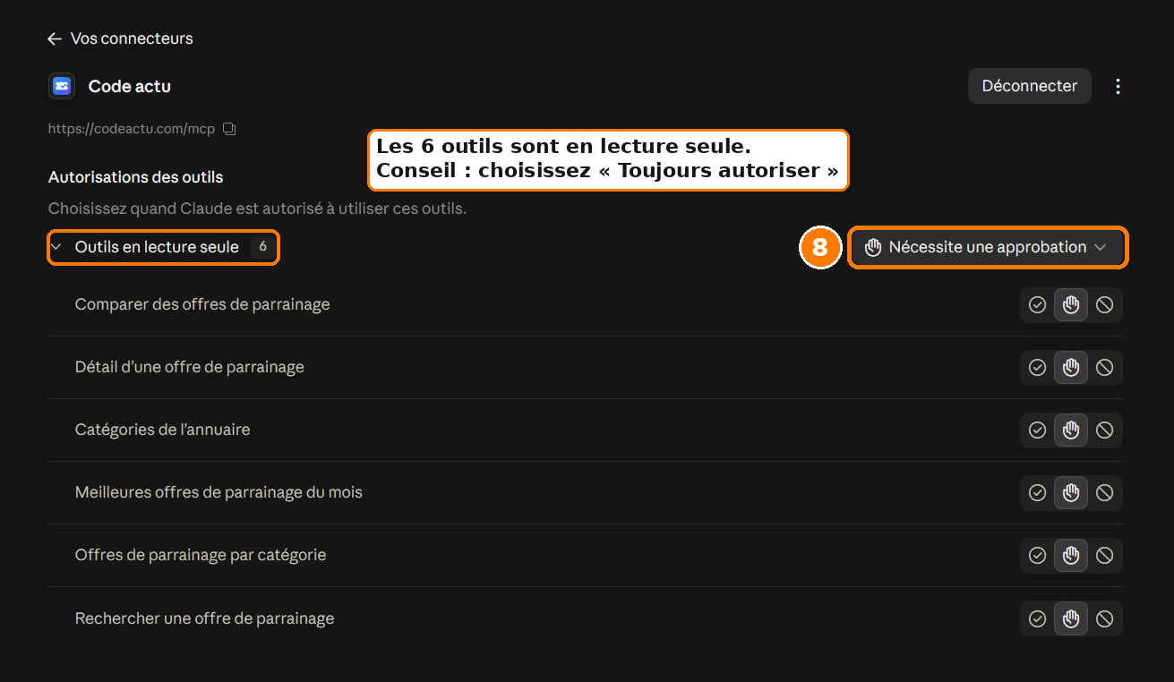 Étape 8 : dans Autorisations des outils, choisir Toujours autoriser pour les 6 outils en lecture seule de Code actu
